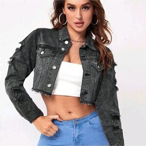 Ripped Raw Trim Button Front Crop Denim Jacket